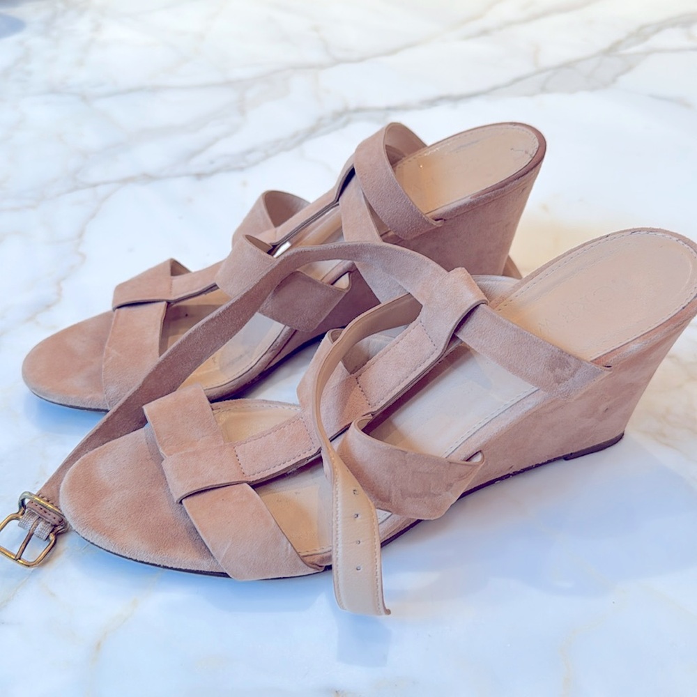 J Crew Olympia tan suede wedge sandal 9 gladiator neutral shoe strap coastal